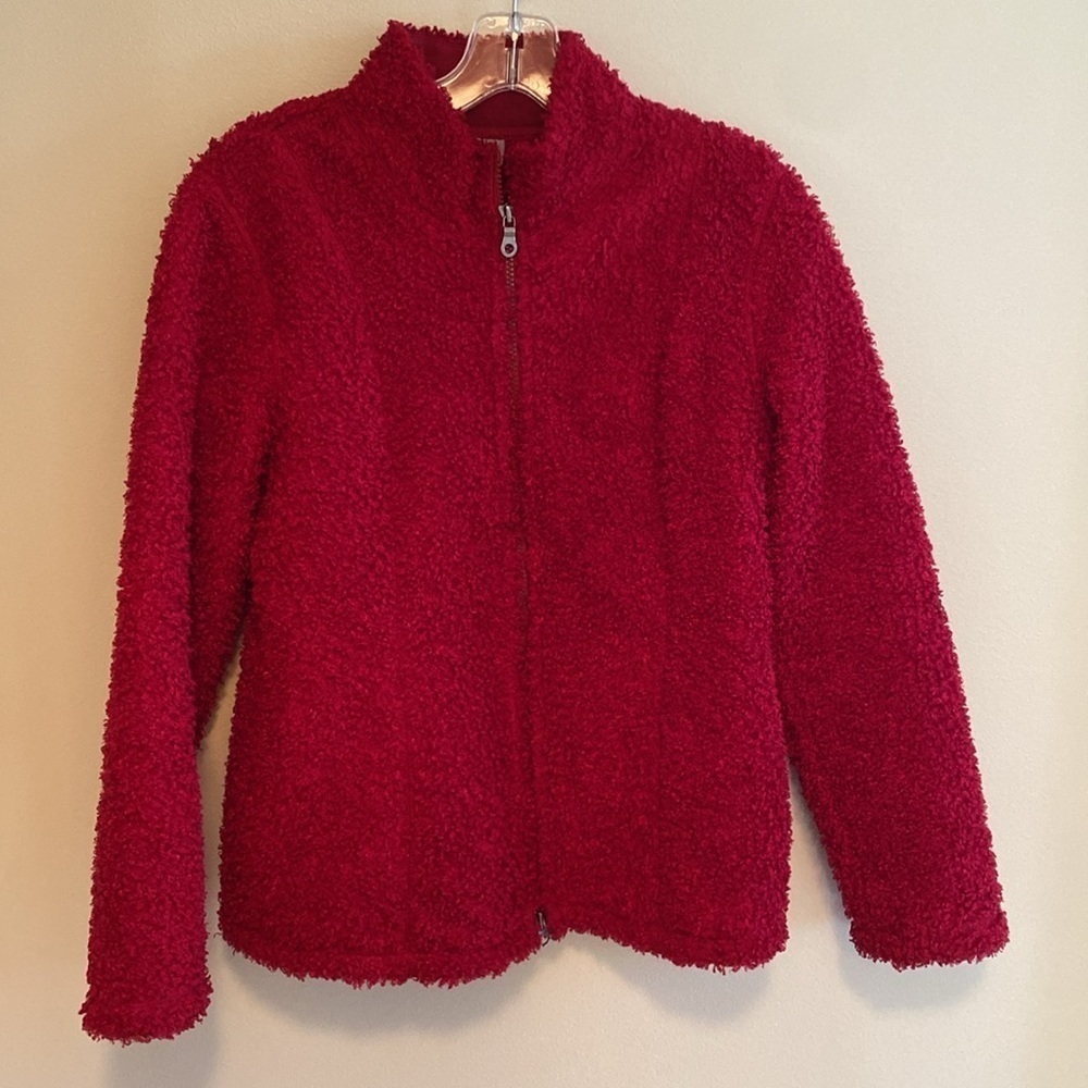 J Jill fuzzy soft boucle fleece long sleeve zip up jacket holiday red size SP